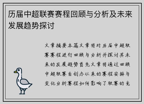历届中超联赛赛程回顾与分析及未来发展趋势探讨