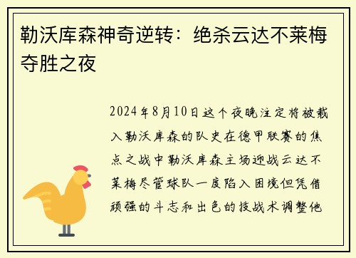 勒沃库森神奇逆转：绝杀云达不莱梅夺胜之夜