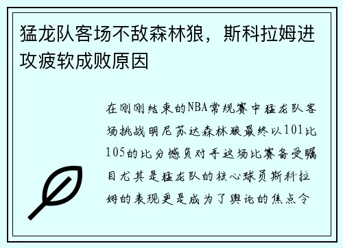 猛龙队客场不敌森林狼，斯科拉姆进攻疲软成败原因