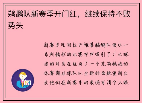 鹈鹕队新赛季开门红，继续保持不败势头